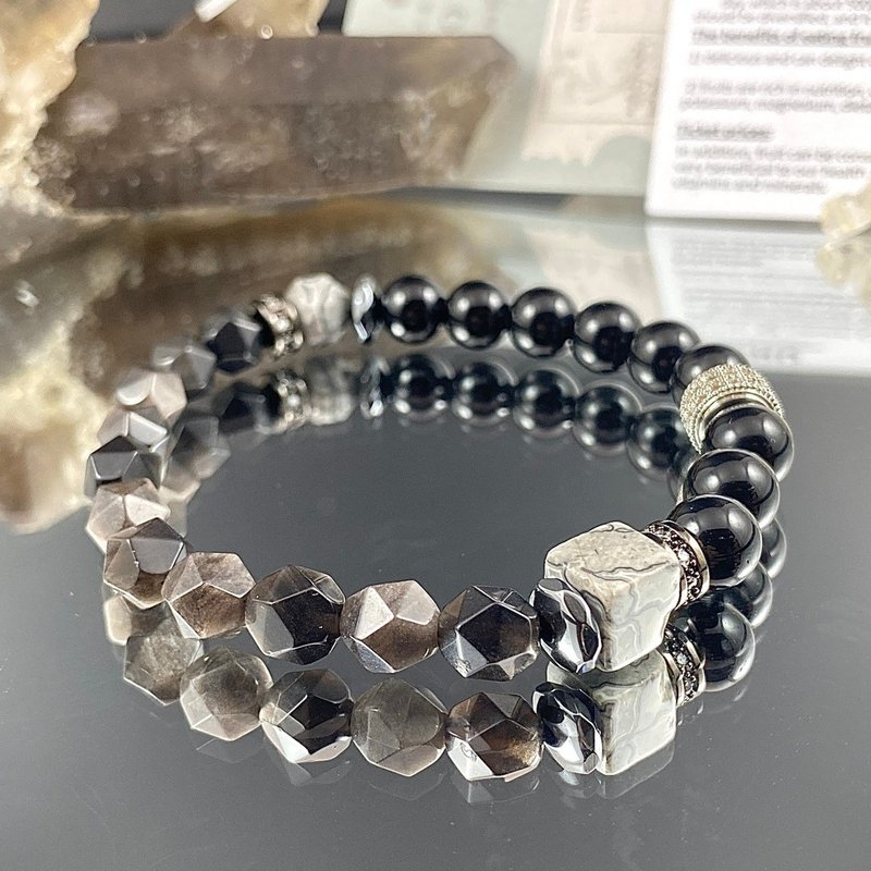 Treasure Map | Map Stone Silver Obsidian | Real Treasures | Men's Crystal Bracelet - สร้อยข้อมือ - คริสตัล สีเทา