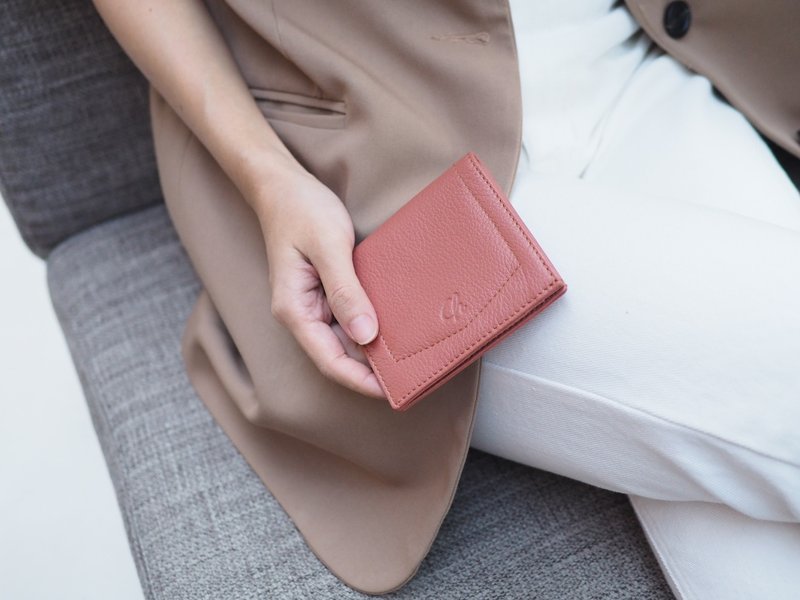 Hannah (Coral) : Small leather short wallet, folded wallet, Mini wallet - กระเป๋าสตางค์ - หนังแท้ สึชมพู