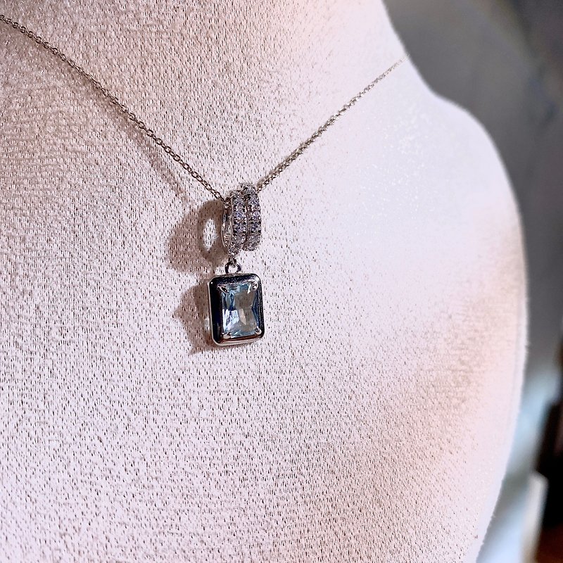 Natural aquamarine necklace rectangular aquamarine March birthstone boutique fashion style 925 sterling silver - สร้อยคอ - เครื่องเพชรพลอย สีน้ำเงิน