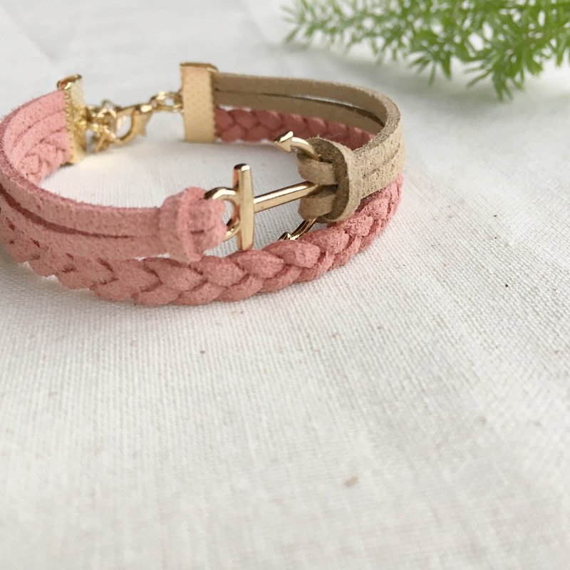 Handmade Double Braided Anchor Bracelets Rose Gold Series-rose pink - สร้อยข้อมือ - วัสดุอื่นๆ สึชมพู