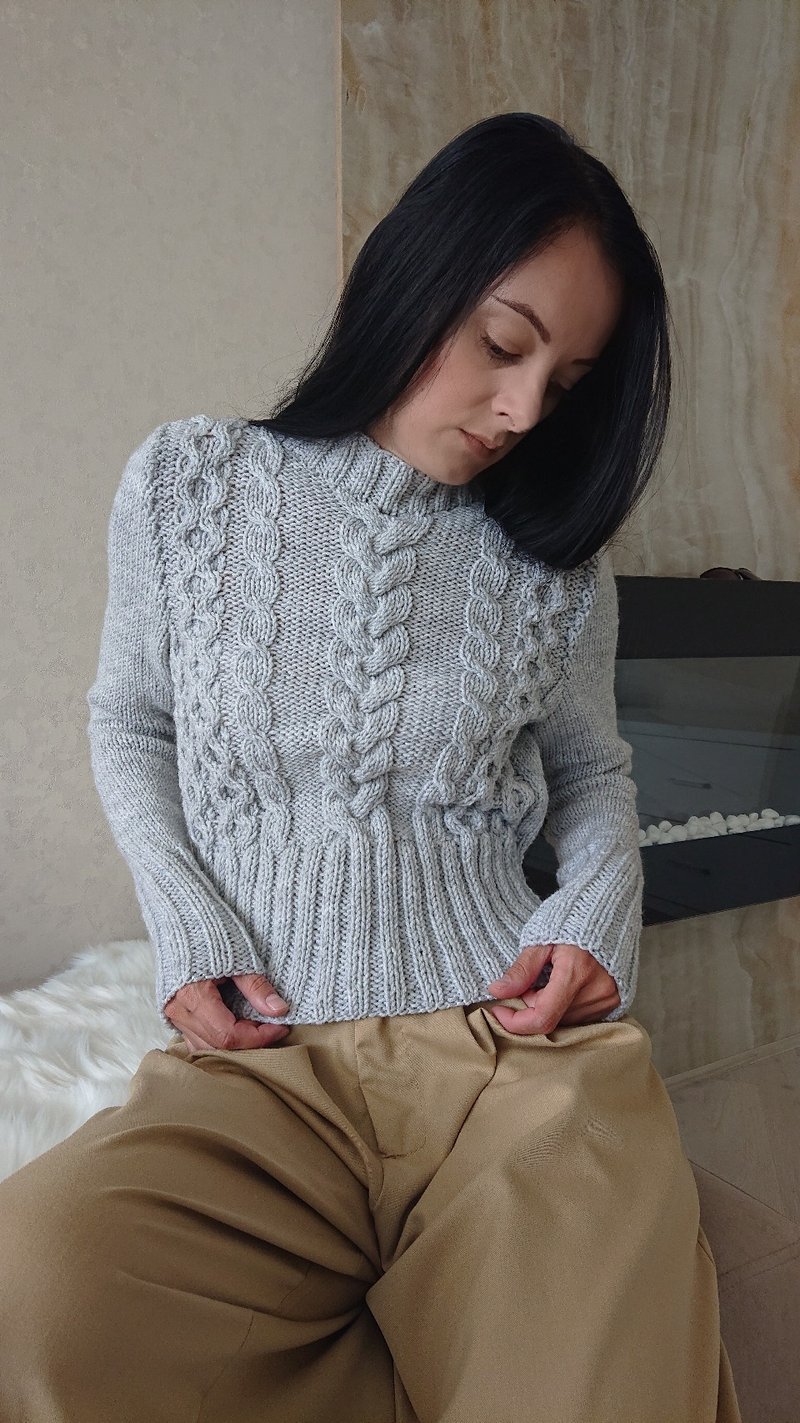 Wool turtleneck Cropped sweater Twist sweater Handmade sweater gray Pullover - Women's Sweaters - Wool 