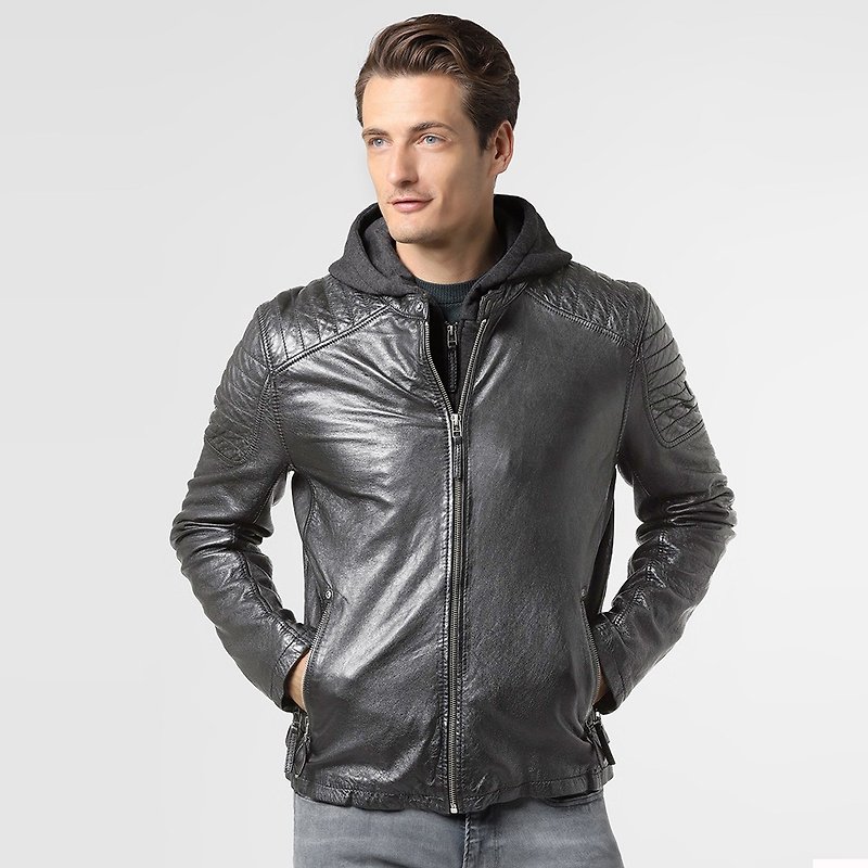 [Germany GIPSY] GBChavis Quarterback Leather Jacket with Hood T-Dark Gray - เสื้อโค้ทผู้ชาย - หนังแท้ สีเทา