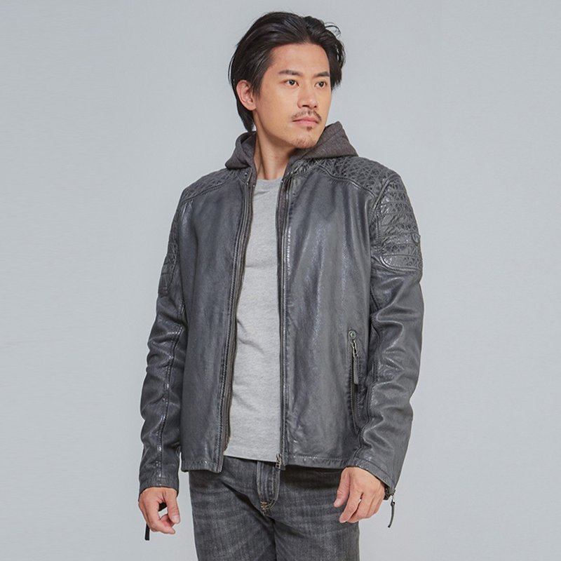 [Germany GIPSY] GBChavis Quarterback Leather Jacket with Hood T-Dark Gray - Men's Coats & Jackets - Genuine Leather Gray