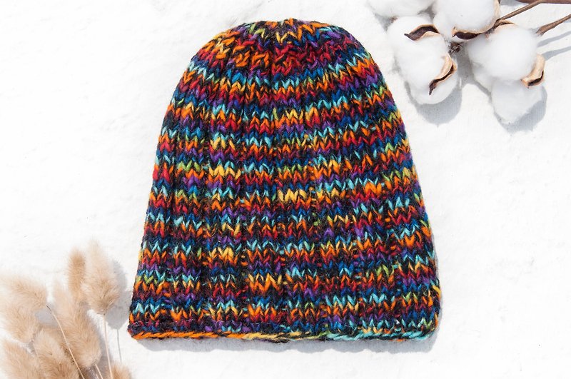 Hand-woven pure wool cap / knitted fur cap / inner brush hair hand-woven wool cap / hand-knitted wool cap - Star Rainbow - Hats & Caps - Wool Multicolor