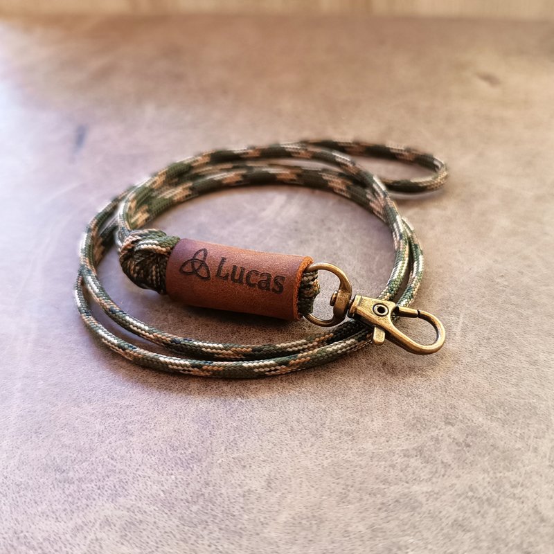 Customized Handmade Paracord Lanyard With Genuine Leather for ID/Keys/Phone - 證件套/識別證套 - 真皮 咖啡色