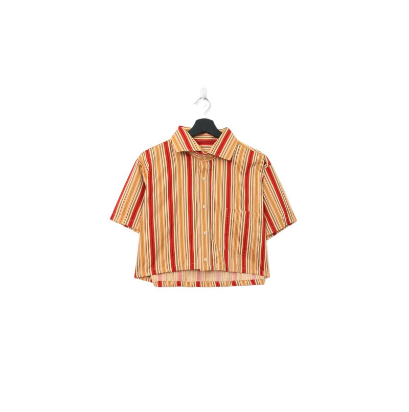 Back to Green-再製短板條紋襯衫 夕陽橘紅 wt-05//vintage shirt - 女襯衫 - 棉．麻 