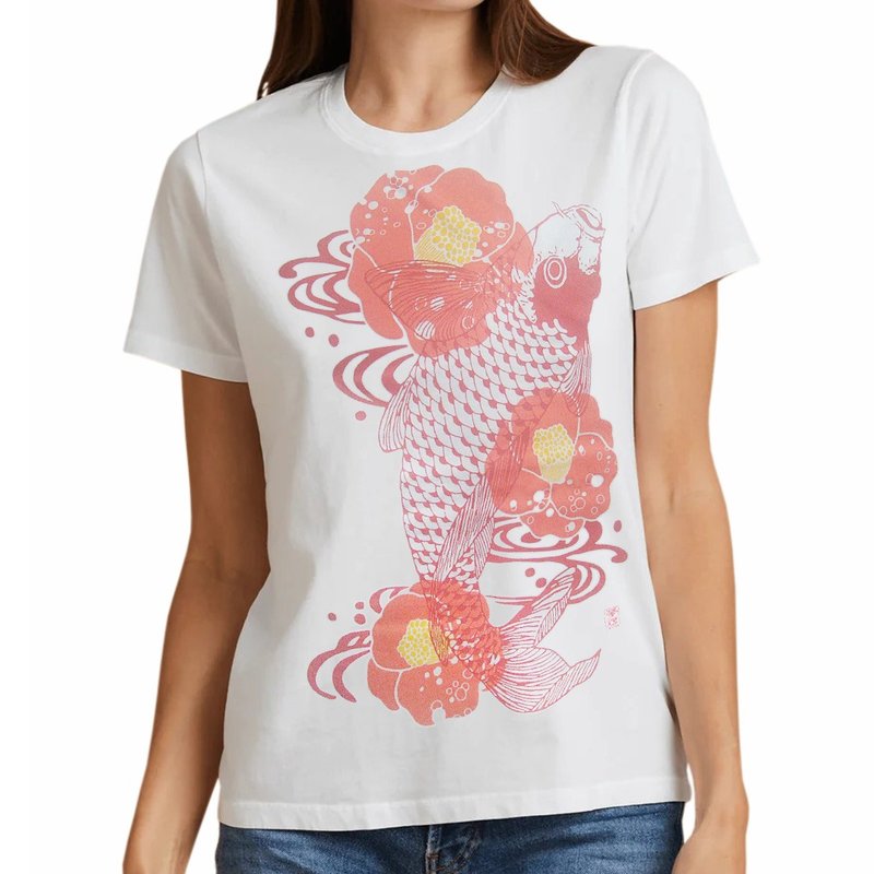 Japanese art T-shirt - Carp Camellia flowers 100%Cotton Made in Japan - เสื้อยืดผู้หญิง - ผ้าฝ้าย/ผ้าลินิน ขาว