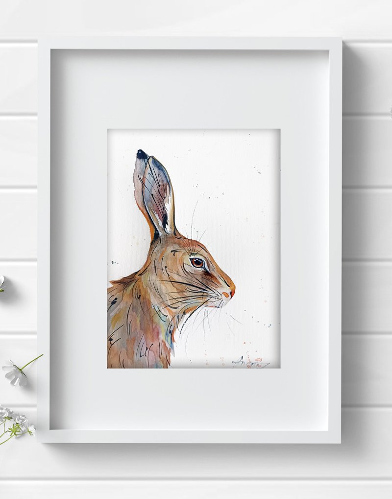 Hare Watercolor original rabbit animal painting art by Anne Gorywine - Wall Décor - Paper Silver