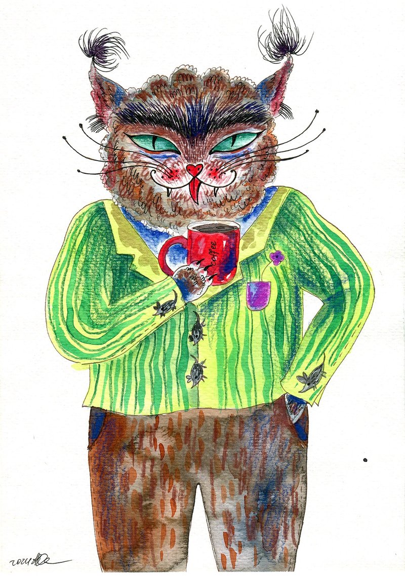 Cat Painting Original Watercolor Cat with a Cup of Coffee. Watercolor painting - 海報/掛畫/掛布 - 紙 多色