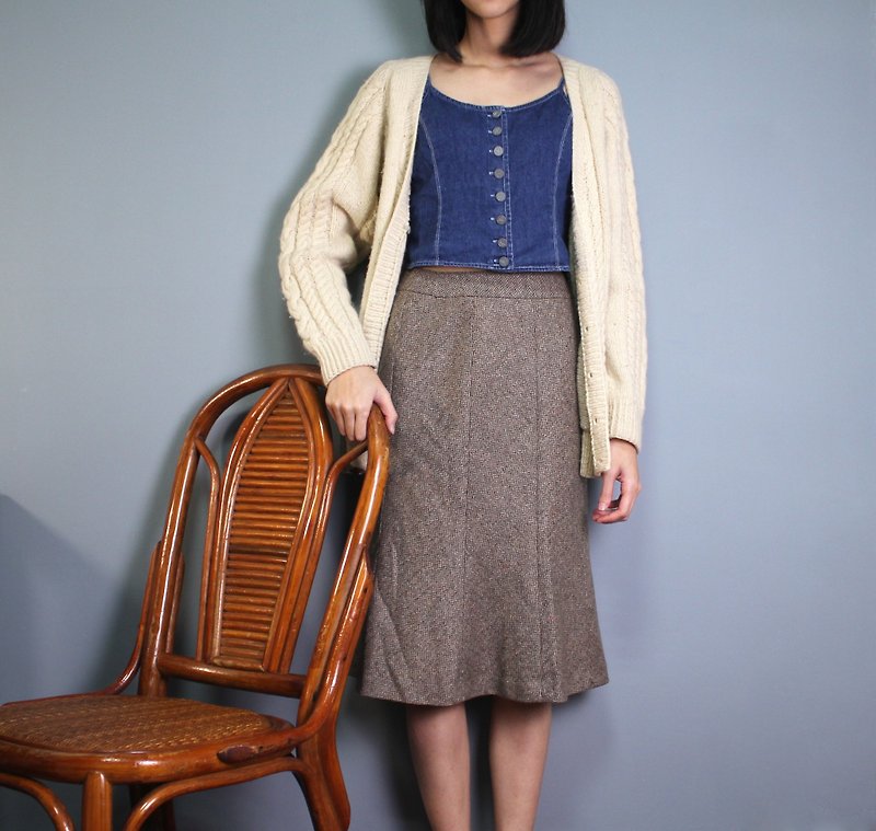 FOAK Ancient Piano Teacher Brown Herringbone Skirt - Skirts - Wool 