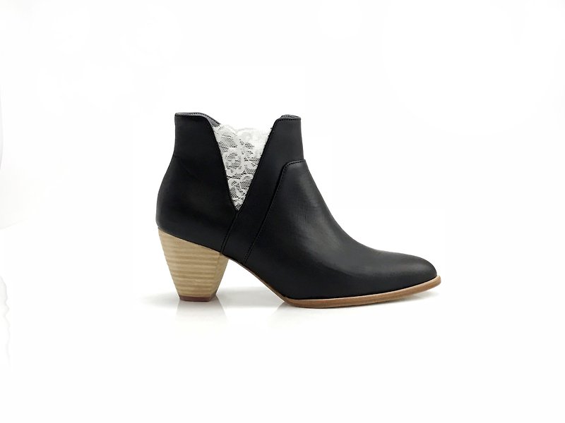 Valley (black mid heels handmade leather shoes) - รองเท้าบูทสั้นผู้หญิง - หนังแท้ สีดำ