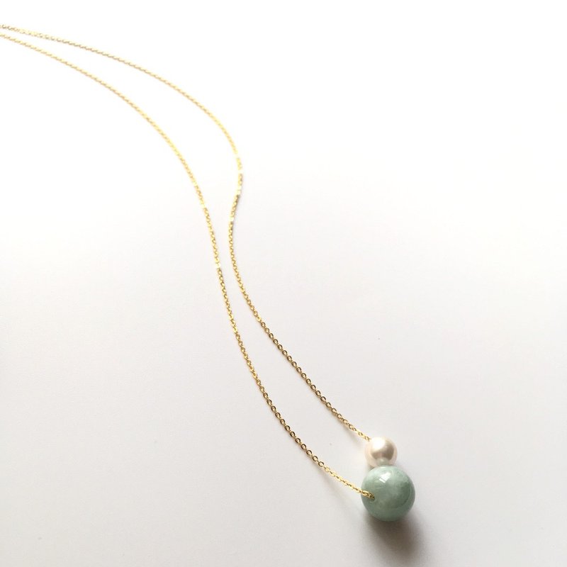 K14gf Jade and Pearl Necklace 大粒 翡翠 パールネックレス - 項鍊 - 珍珠 綠色