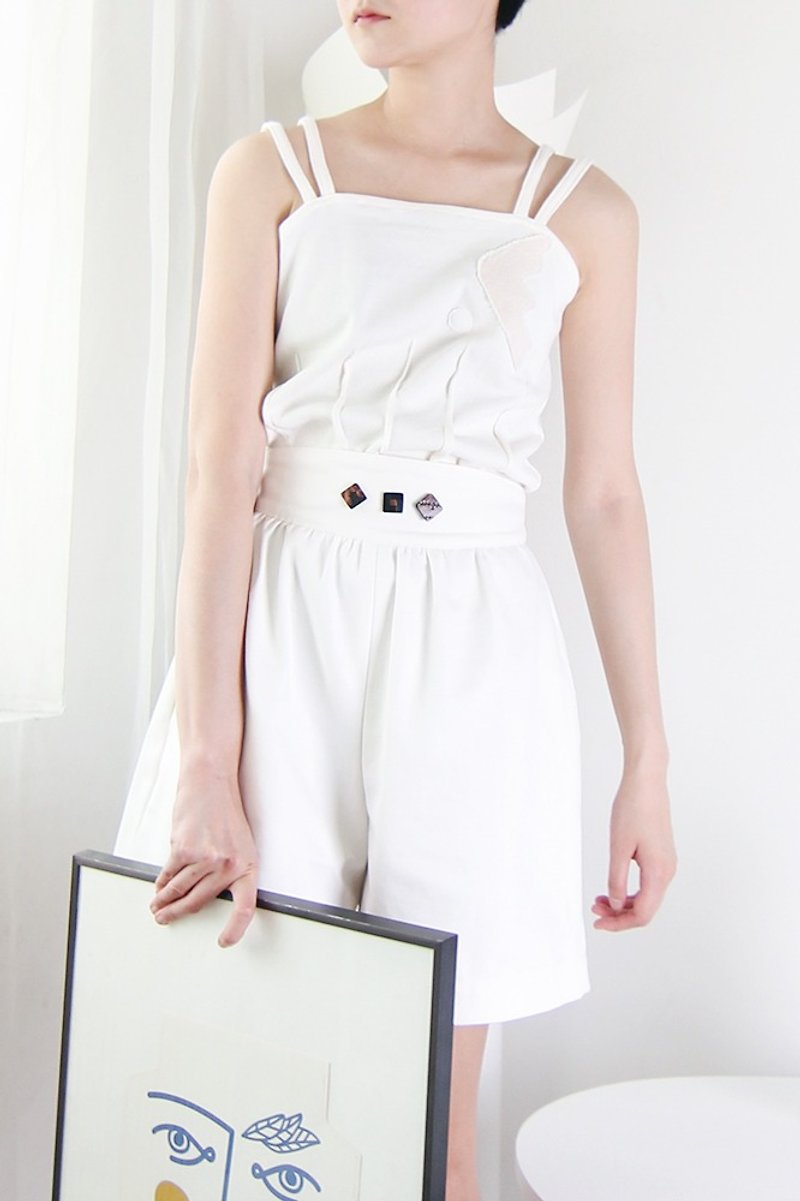 MAODIUL Abstract Pattern Double Shoulder Strap Waist Pinch Vest Camisole - เสื้อกั๊กผู้หญิง - ผ้าฝ้าย/ผ้าลินิน ขาว