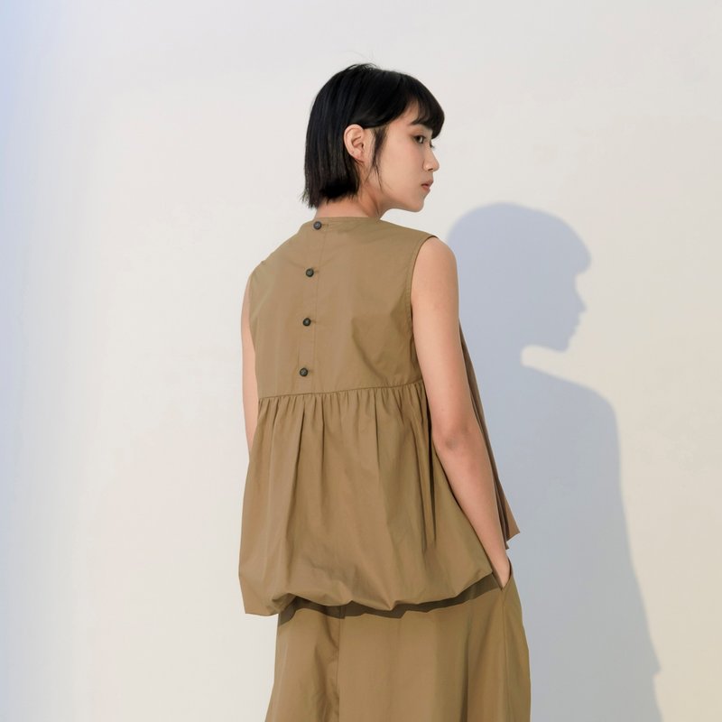 Puffy Bubble Hem Sleeveless Top - Women's Vests - Cotton & Hemp Brown