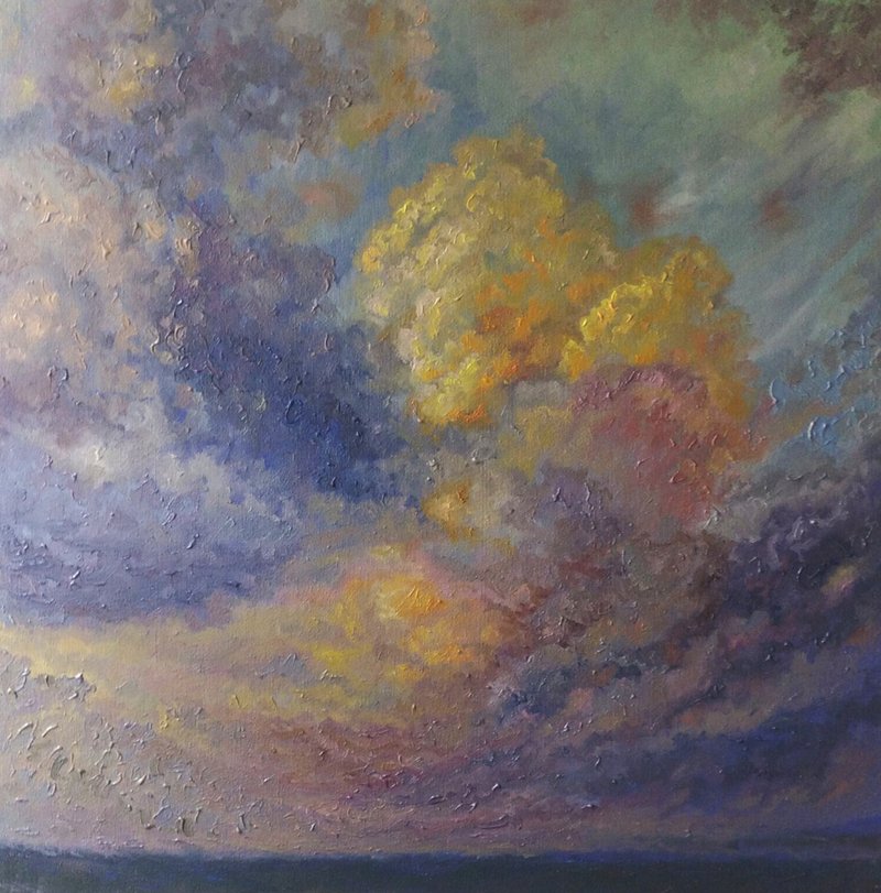 Sunset Oil Painting,Clouds Wall Art,Original Painting,Living Room Wall Decor 日落油 - ตกแต่งผนัง - วัสดุอื่นๆ สีน้ำเงิน