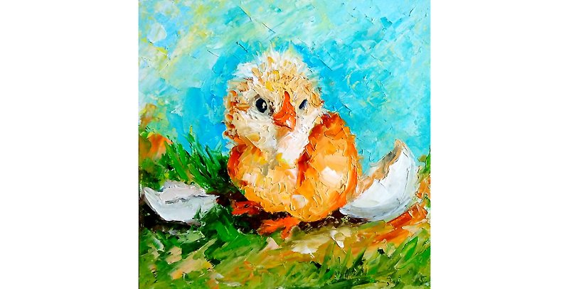 Bird Original Painting, Baby Chick Wall Art, Funny Pet Portrait, Animal Artwork - โปสเตอร์ - วัสดุอื่นๆ หลากหลายสี