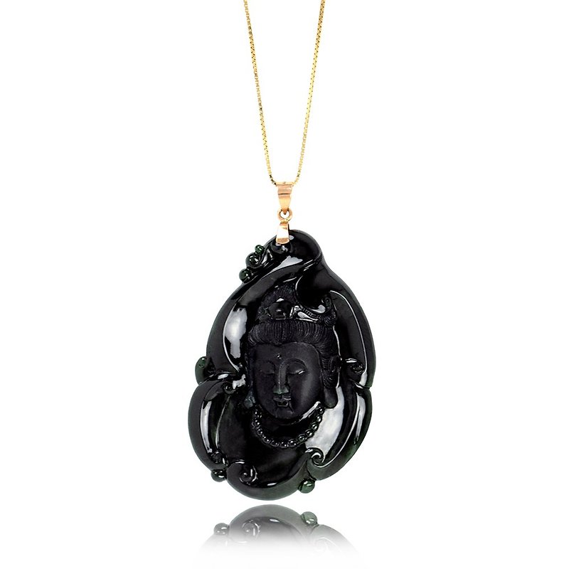 Jadeite Top Grade Black Jadeite Guanyin Pendant 18 Karat Gold Clasps - Necklaces - Jade Black