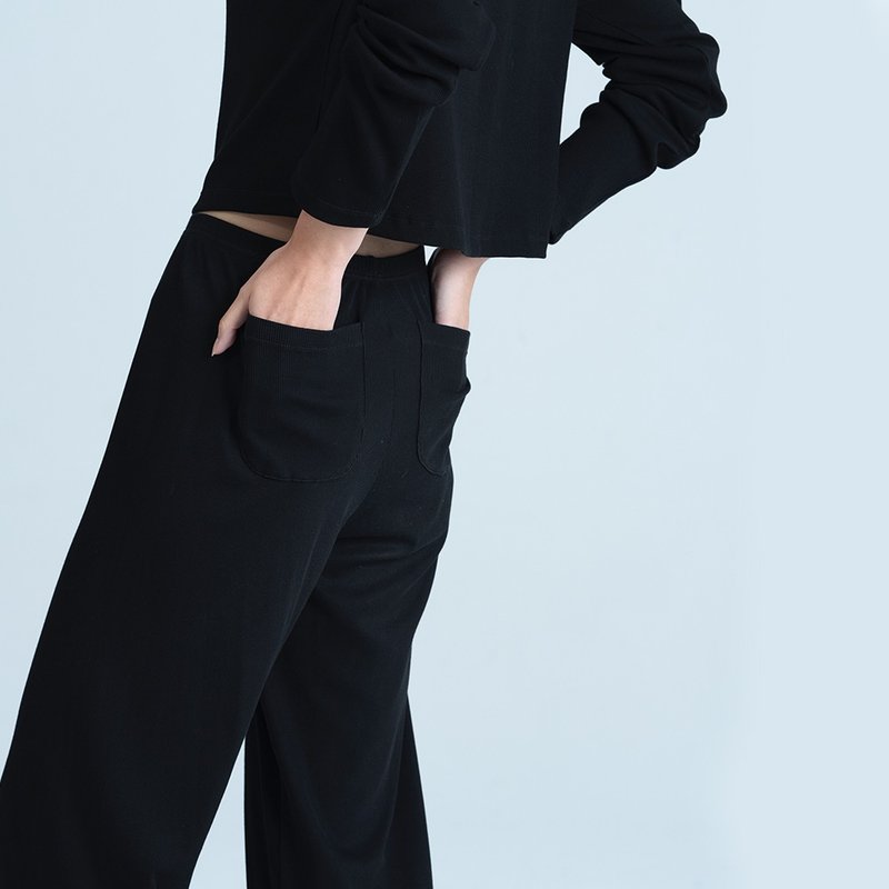 坑條系列 彈性寬鬆口袋長褲-黑色 - 女長褲 - 其他人造纖維 黑色