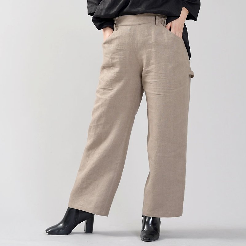 wafu --Ama 褲子 Midweight Linen Painter Pants / Walnut b004b-krm2 - กางเกง - ลินิน สีกากี