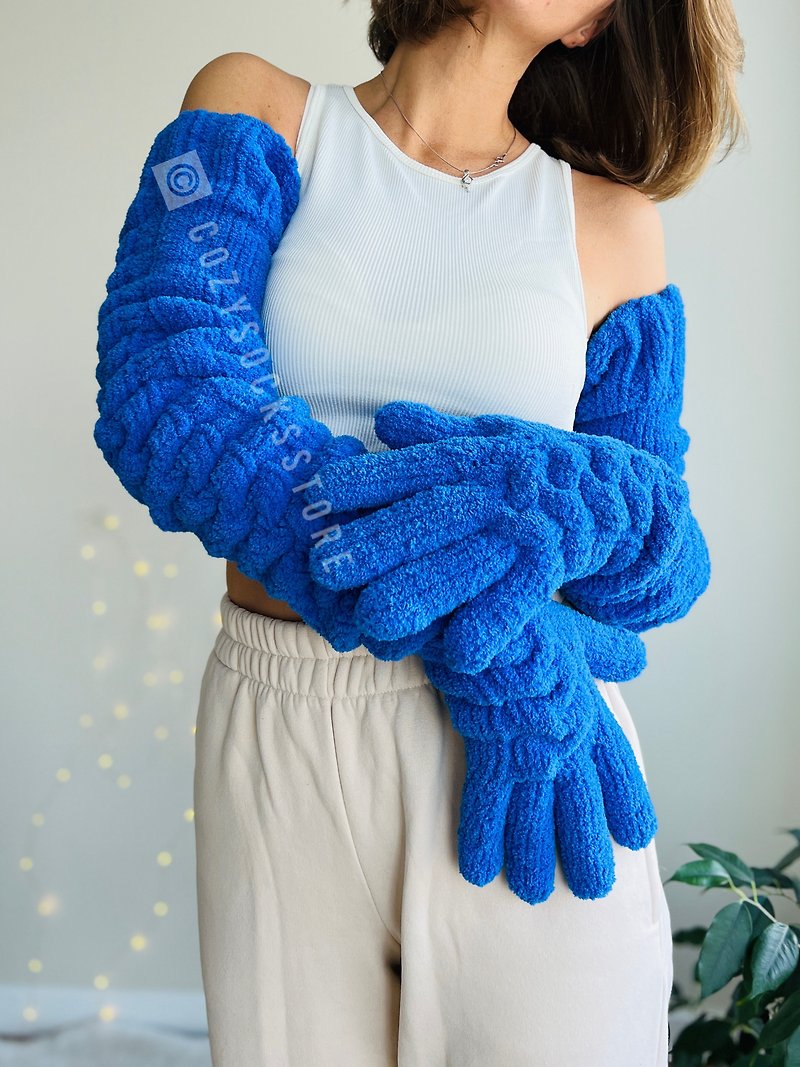 Plush long gloves for men Warm winter gloves Arm warmers for women Fleece gloves - ถุงมือ - เส้นใยสังเคราะห์ สีน้ำเงิน
