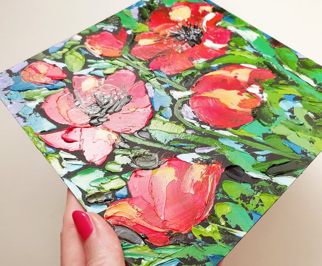 ポピーの花油絵インパストオリジナルアート赤い花印象派アート