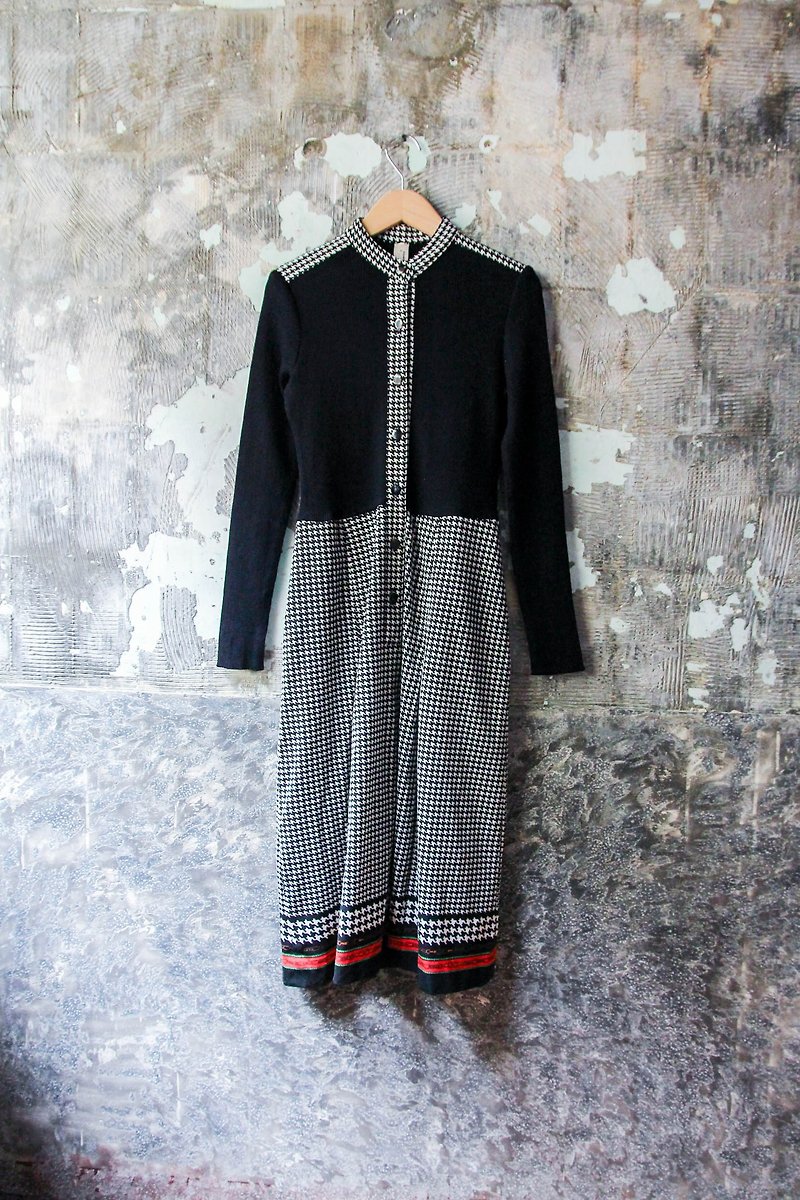 裊裊百貨公司-Vintage 日本小立領針織拼接千鳥格洋裝  復古著 - 連身裙 - 其他材質 