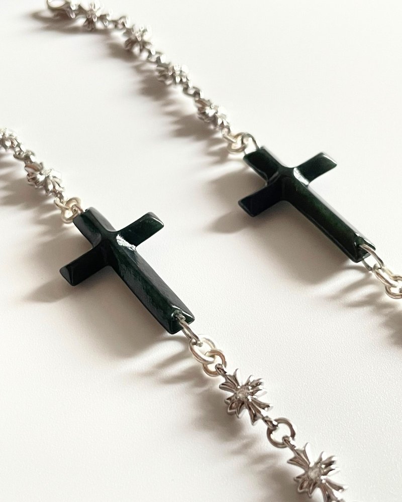 天然和田玉手工十字架純銀手鍊 奧瑟 X42 - 手鍊/手環 - 玉石 綠色