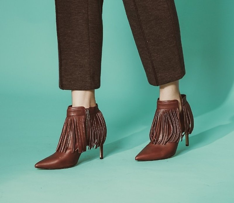 Fringed drape decoration side v pointed thin with leather ankle boots red - Women's Boots - Genuine Leather Red