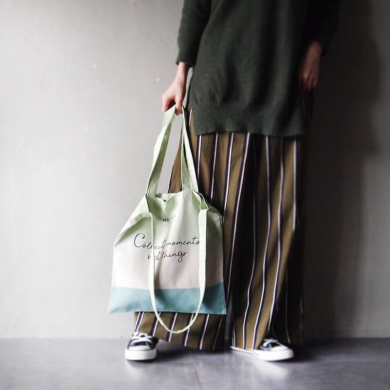 collect moments porcelain green x steel blue cotton canvas hand-dyed and hand-printed tote bag double back - Messenger Bags & Sling Bags - Cotton & Hemp Green