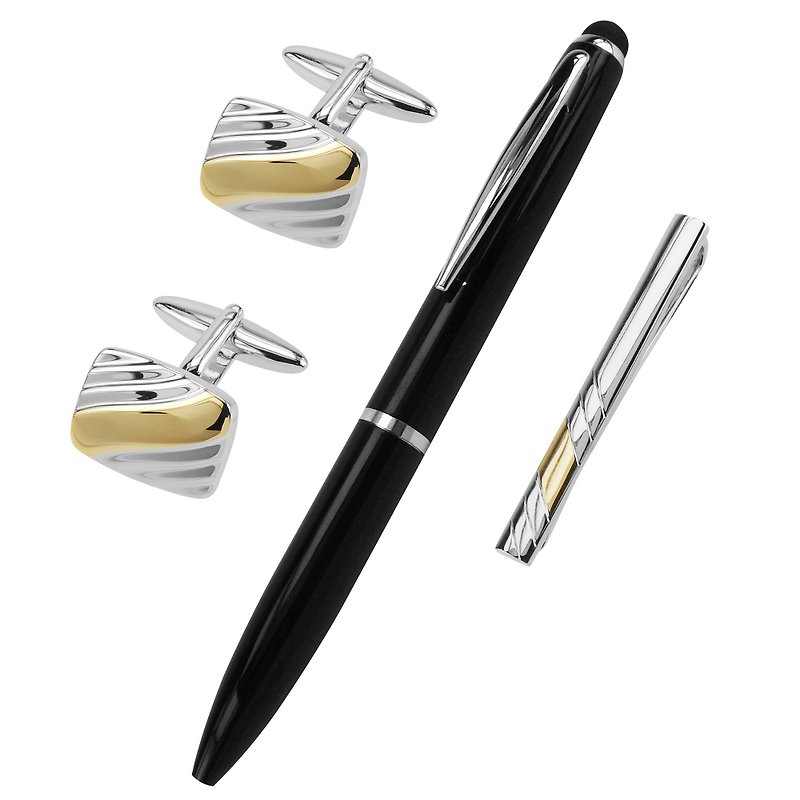 Silver and Gold Two Tone Cufflinks Tie Clip and Pen Set - กระดุมข้อมือ - โลหะ สีเงิน