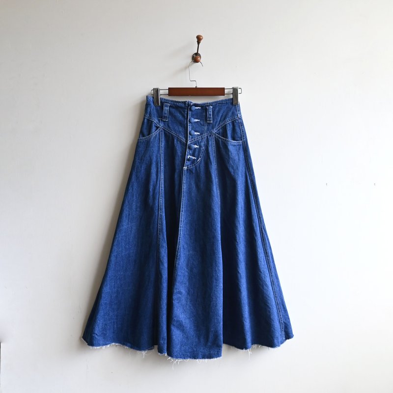 [Egg Plant Vintage] Aozora High Waist Denim Vintage Skirt - กระโปรง - ผ้าฝ้าย/ผ้าลินิน สีน้ำเงิน