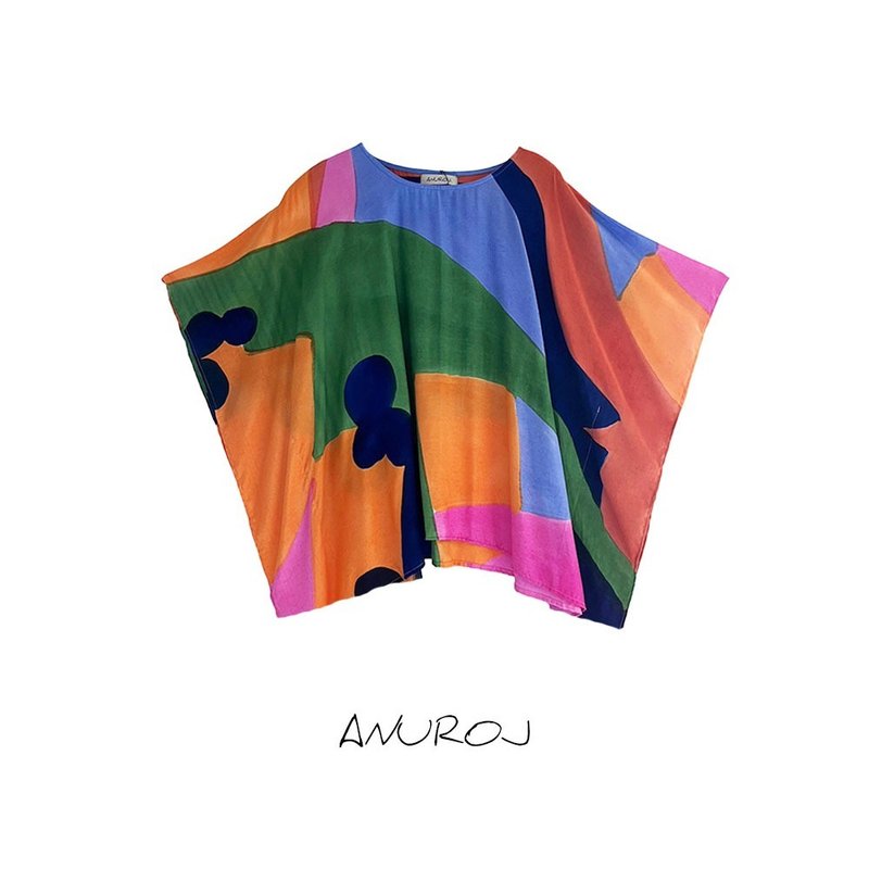 Poncho Blouse Cotton Silk Hand Painted for Summer resort - 女上衣/長袖上衣 - 棉．麻 橘色