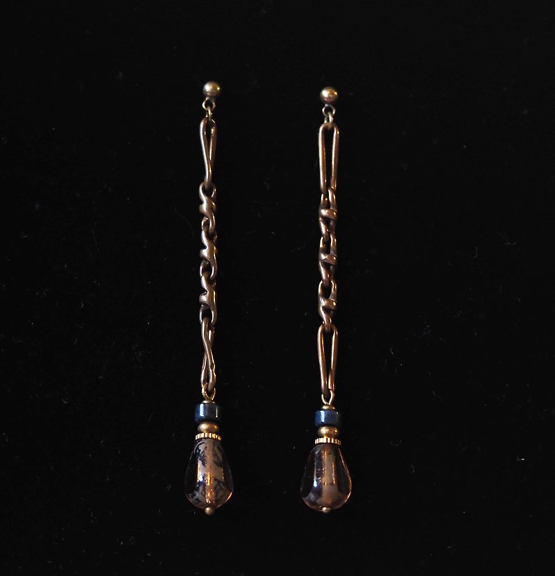 Classical Long Chain Earrings with Blue Stone Glass Beads - ต่างหู - โลหะ สีทอง