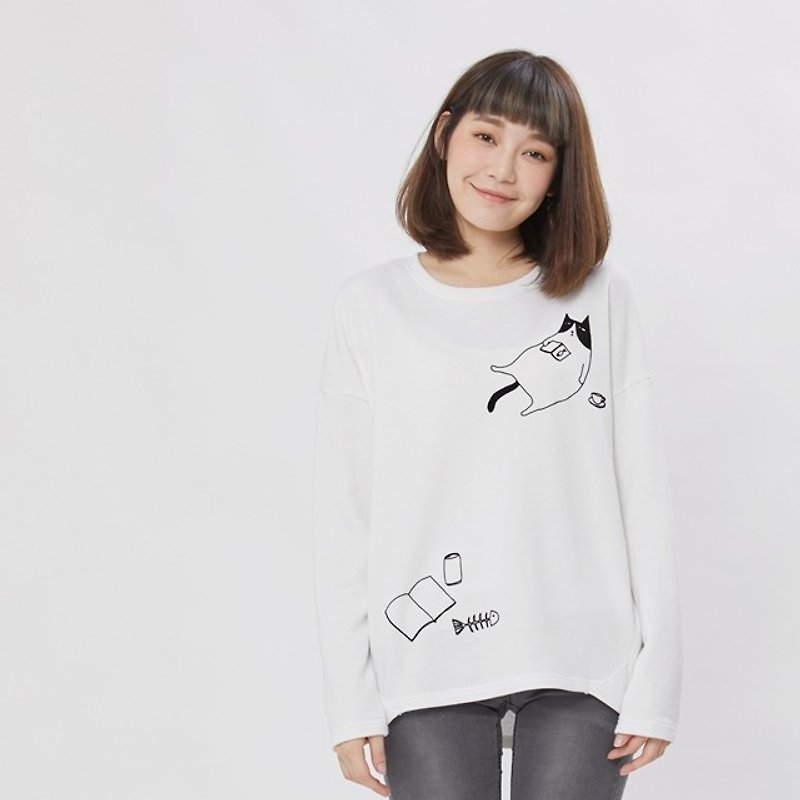 Lazy cat French Terry Long Sleeves T-shirt / White - Women's Tops - Cotton & Hemp White