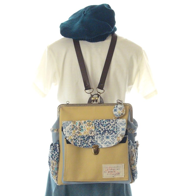 Sakura dance 3 WAY Right side with zipper Round cell Backpack　Yellow  and blue f - 背囊/背包 - 真皮 藍色