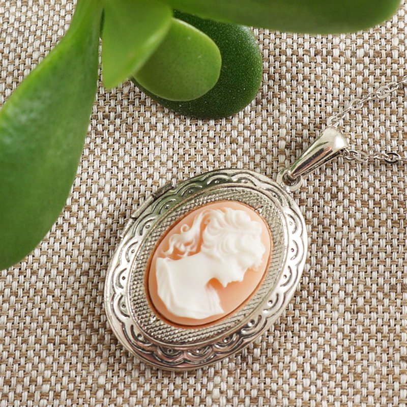 ピンクレディガール カメオ ロケット オーバル シルバー フォト ロケット ペンダント ネックレス ジュエリー - ネックレス - その他の素材 ピンク