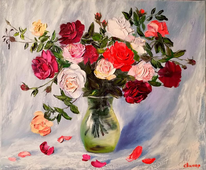 Roses Flowers Oil Painting Canvas Original Large Still-life Artist Svinar Oksana - 其他 - 其他材質 多色
