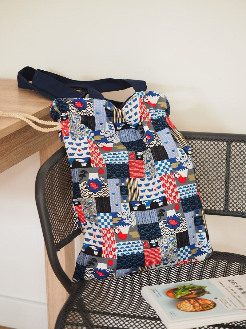 Handmade canvas tote bag with Japanese Fuji pattern