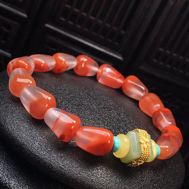 High-quality Sichuan Nanhong Ice Floating With Style [Fortune in the Head. Cornucopia] Bracelet with Silver Inlaid Hetian Jade