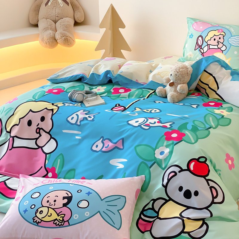 富山商店 x 氧氣實驗室 伯伯釣魚可愛插畫全棉床上四件套 - 寢具/床包 - 棉．麻 