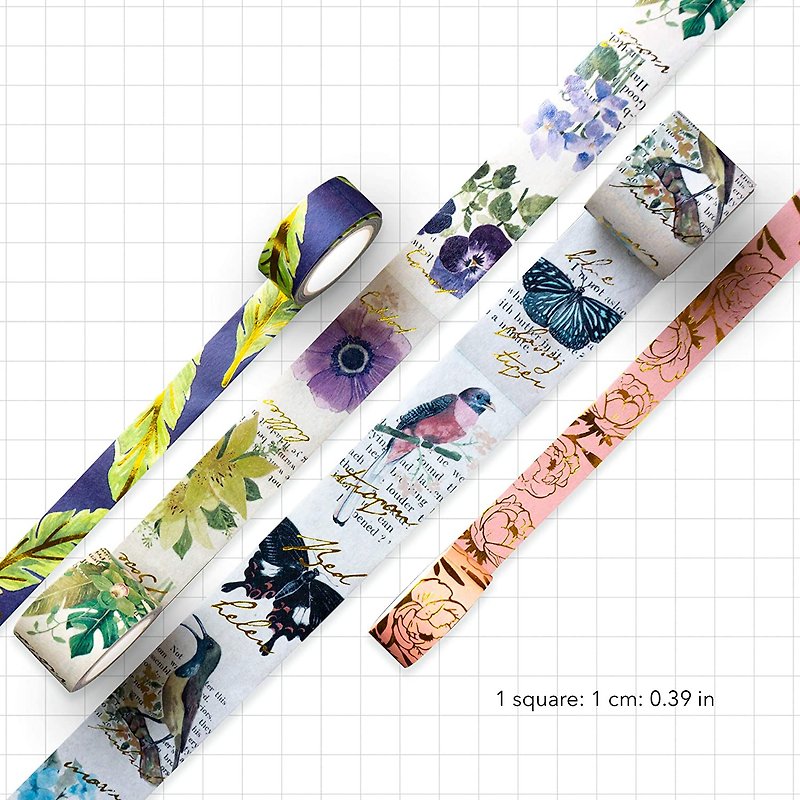 Vintage Spring Botanical, Bird, Butterfly Gold Foil Washi Tapes (Set of 4 rolls) - Washi Tape - Paper Multicolor