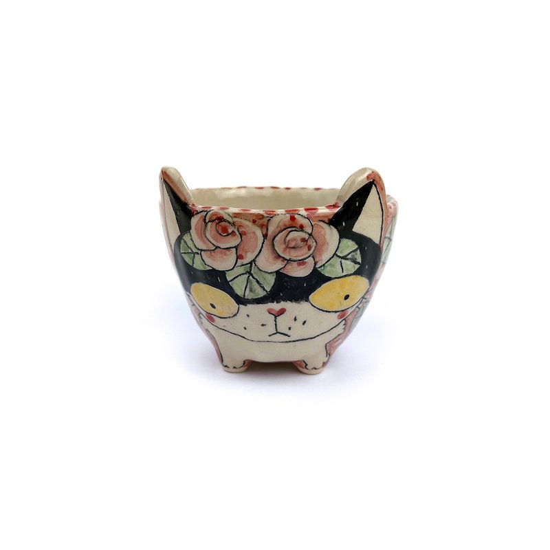 ดินเผา ถ้วยชาม ขาว - Nice Little Clay Handmade Bowl Cute Cat 0202-23