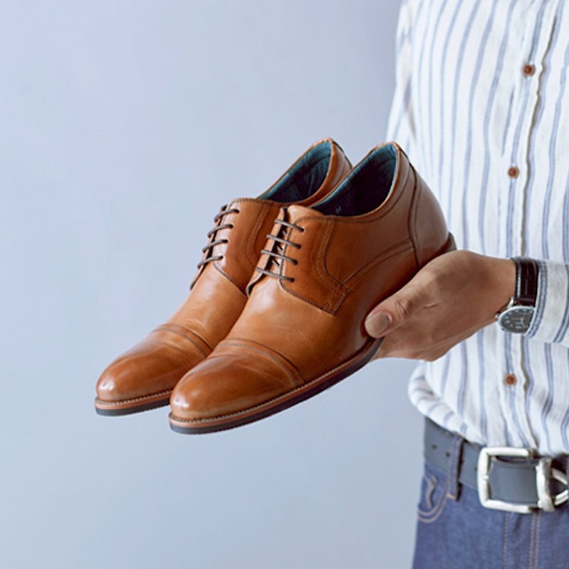 Vanger Gentleman High. Concise Cap-Toe Derby Increased Leather Shoes Va254 Brown - รองเท้าลำลองผู้ชาย - หนังแท้ สีนำ้ตาล