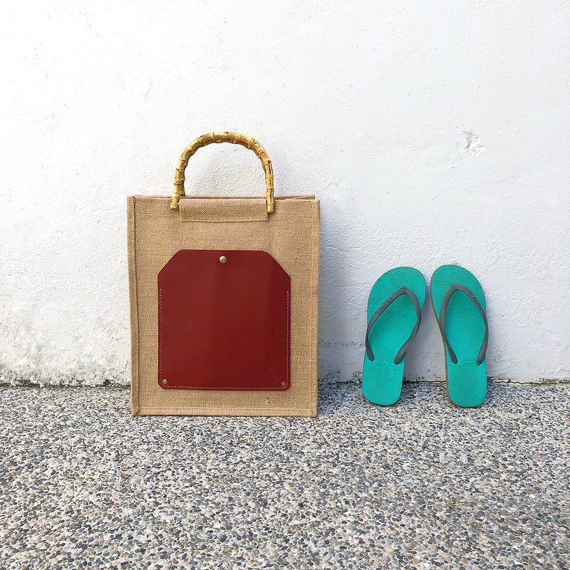 麻布真皮直式手提包 (公事包、夏天、禮物)  - 豔陽紅 - 手袋/手提袋 - 棉．麻 紅色