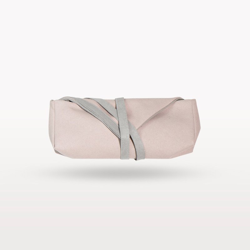 尼龍 化妝包/收納袋 粉紅色 - mini V 迷霧粉灰色綁帶收納袋筆袋(粉包灰綁帶)