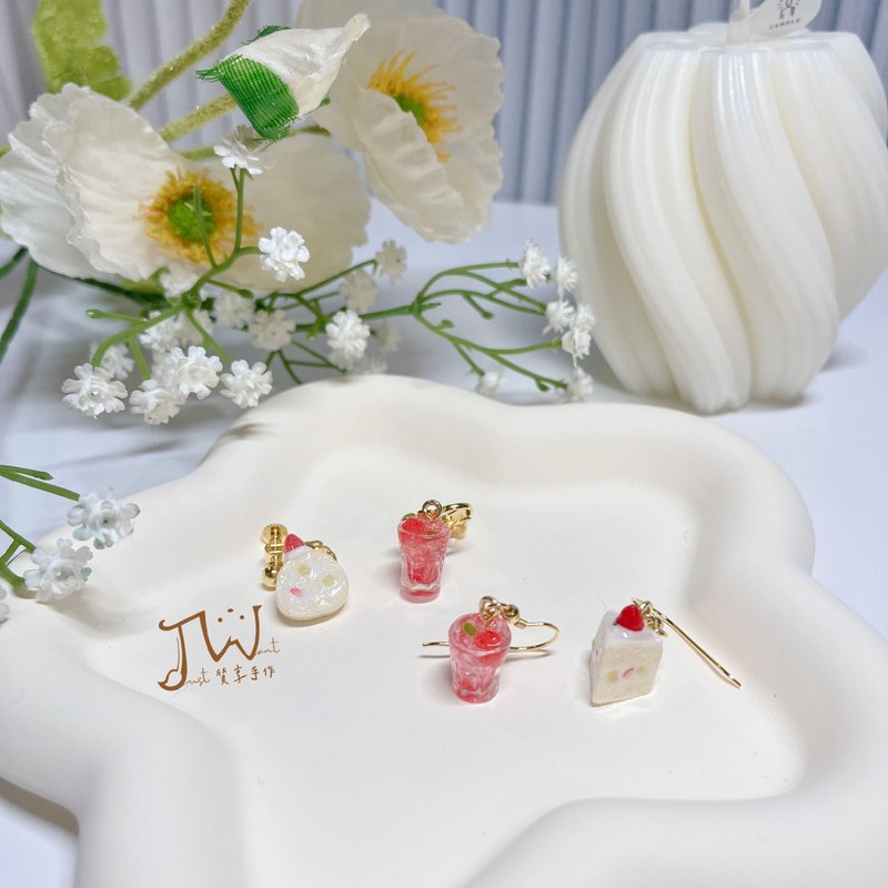 [Quality Handmade] Dessert Series-Strawberry Cake & Strawberry Sparkling Drink - Earrings & Clip-ons - Clay Multicolor