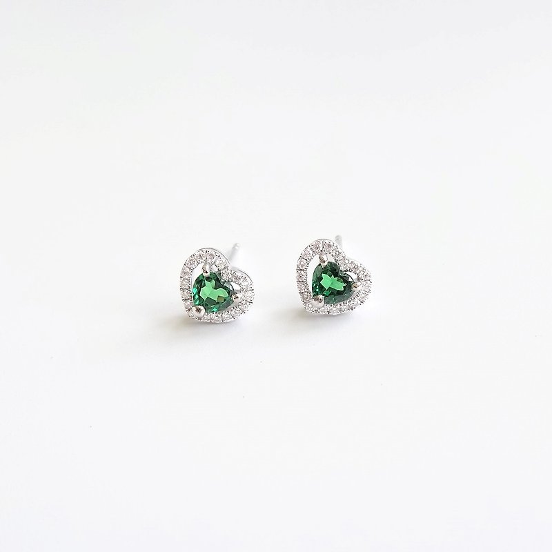 Tsavorite Heart Cut Pave Set Diamonds 18K Solid White Gold Stud Earrings - Earrings & Clip-ons - Gemstone Green