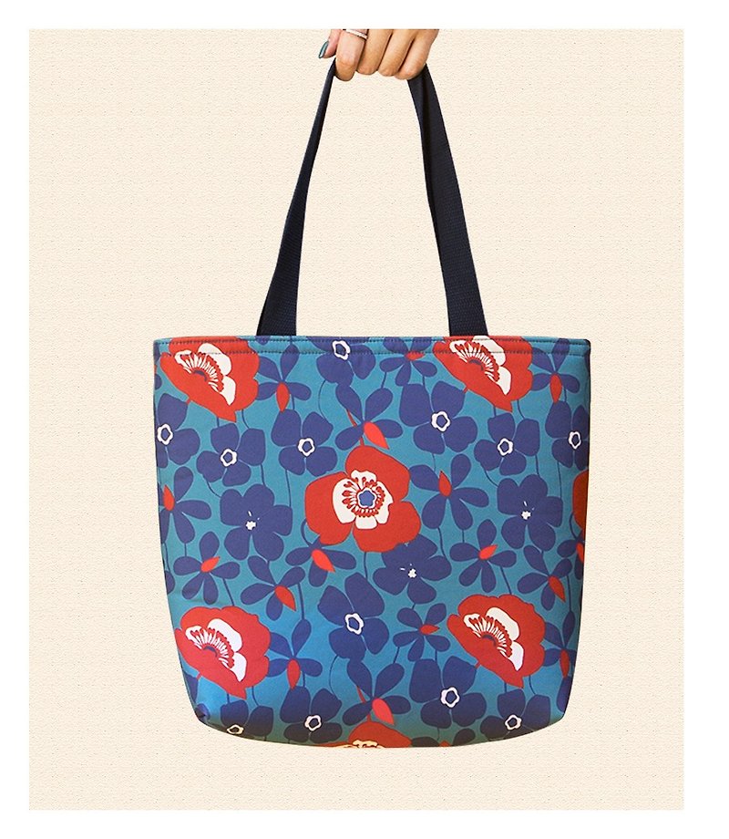 Two use illustration print bag - blue poppies - กระเป๋าแมสเซนเจอร์ - เส้นใยสังเคราะห์ สีน้ำเงิน