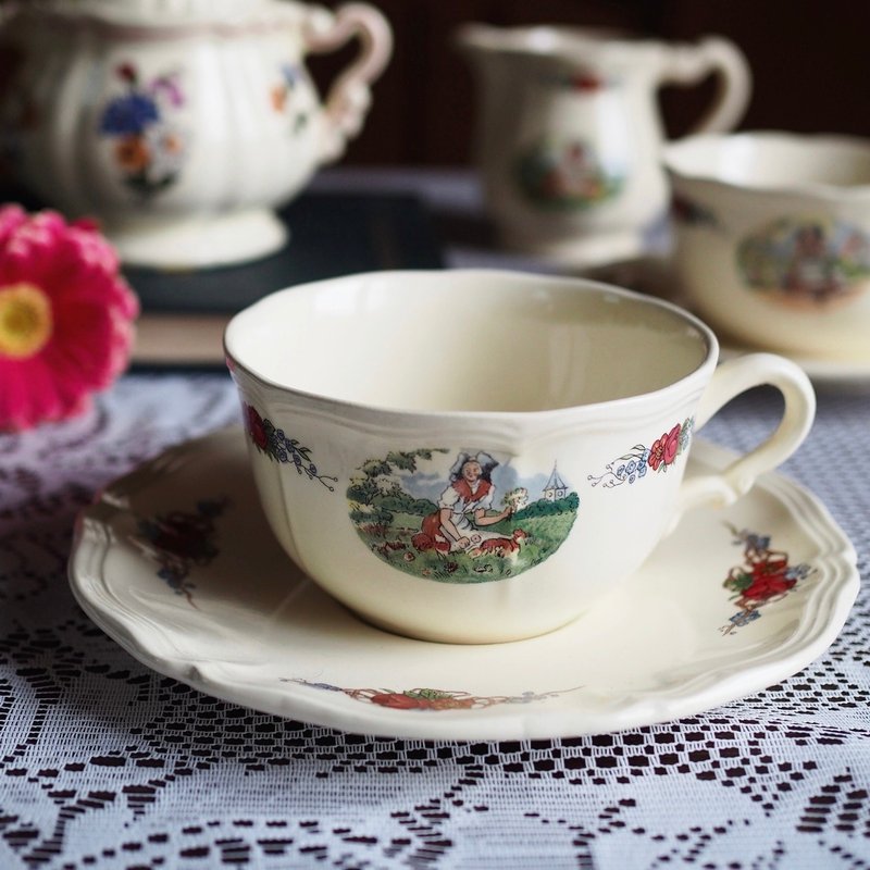 二十世紀法國古董 Sarreguemines 大尺寸 杯碟套裝 - 茶壺/茶杯/茶具 - 陶 黃色
