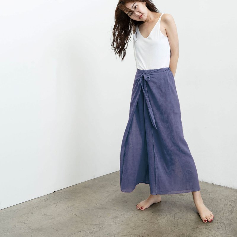 Wrap-effect tie-front pants - Lavender blue - กางเกงขายาว - ผ้าฝ้าย/ผ้าลินิน สีน้ำเงิน